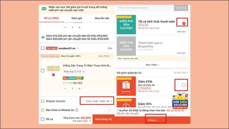 Bạn có thể lựa chọn áp dụng các voucher từ shop hoặc từ phía shopee một cách linh hoạt