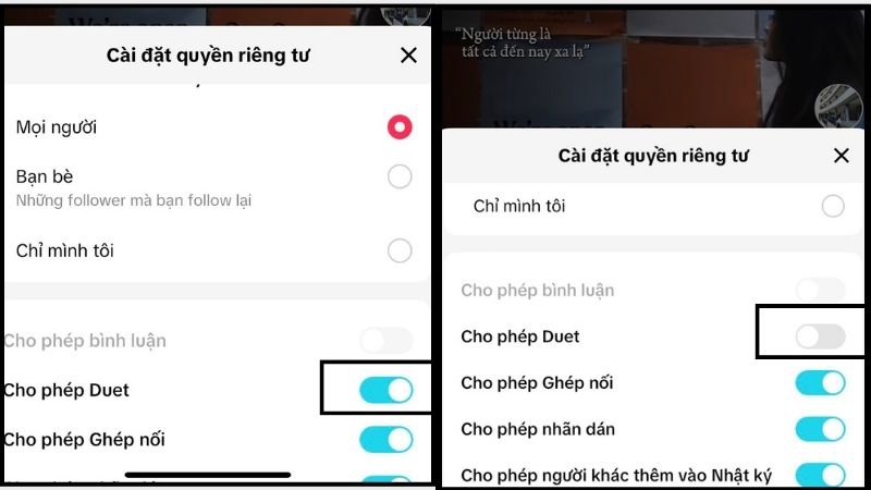Cài đặt cho phép Duet